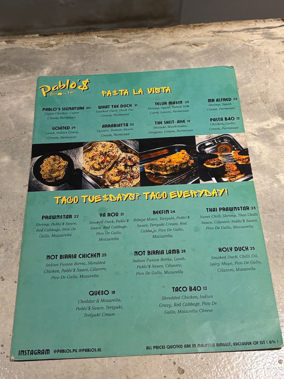 Pablo'$ — Menu, George Town, Pulau Pinang