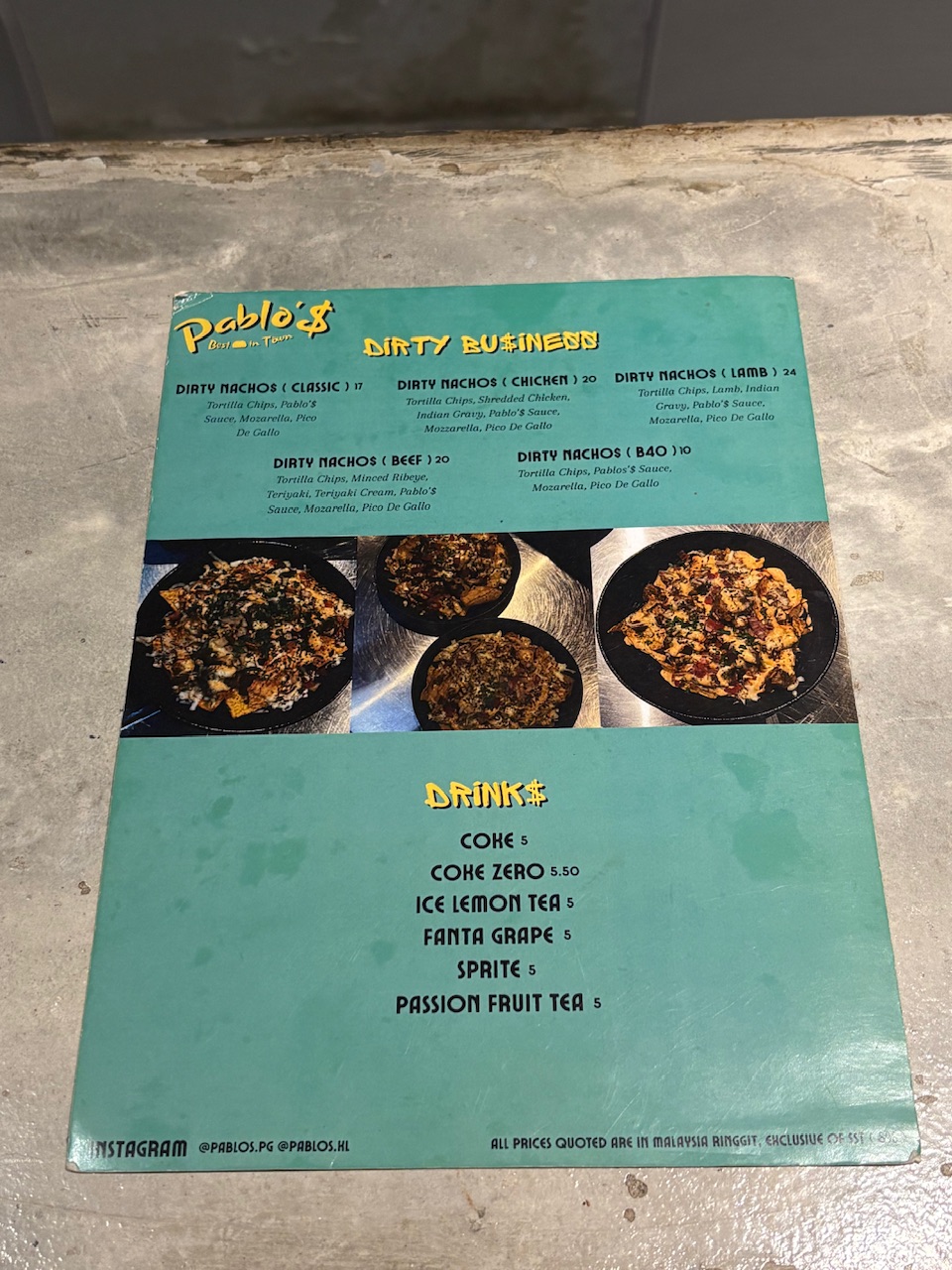 Pablo'$ — Menu, George Town, Pulau Pinang