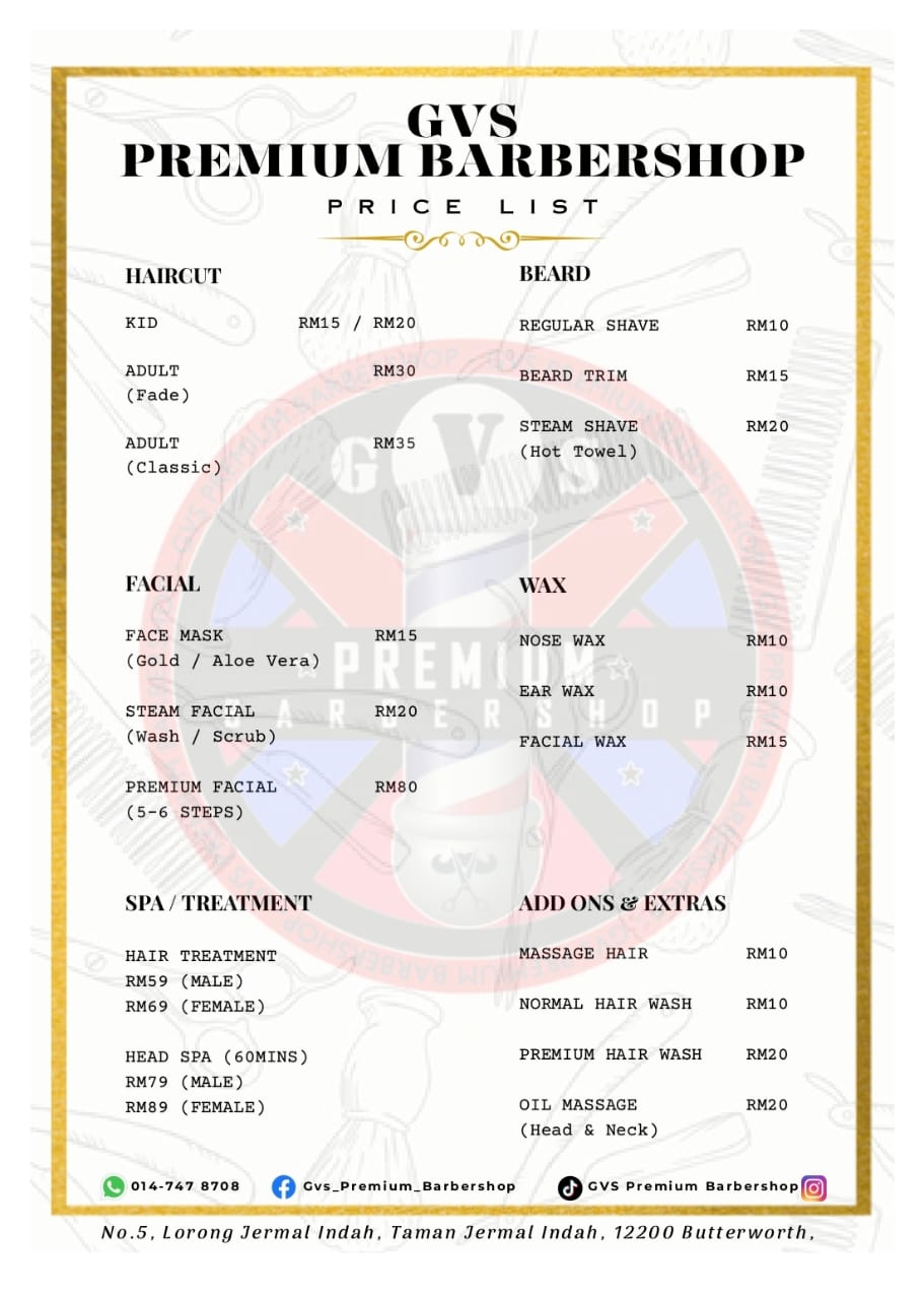 GVS PREMIUM BARBERSHOP — Menu, BUTTERWORTH, Pulau Pinang