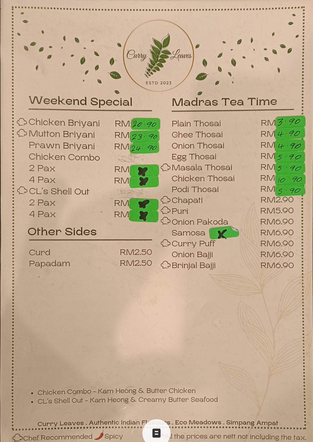 Curry Leaves • Authentic Indian Flavours — Menu, Simpang Ampat, Pulau Pinang