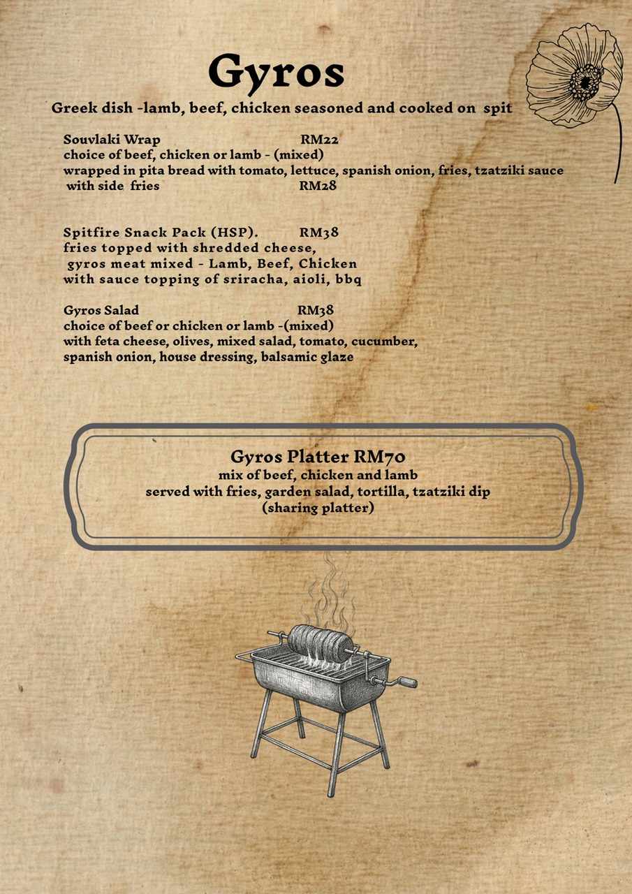 Spitfire Penang Restaurant — Menu, George Town, Pulau Pinang