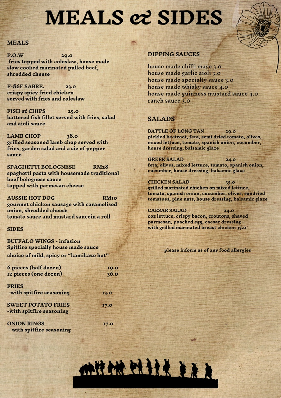 Spitfire Penang Restaurant — Menu, George Town, Pulau Pinang