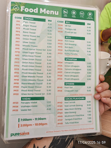 Pure Saiva Penang — Menu, George Town, Pulau Pinang