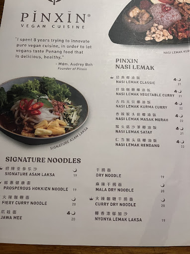 Pinxin Vegan Cuisine — Menu, George Town, Pulau Pinang
