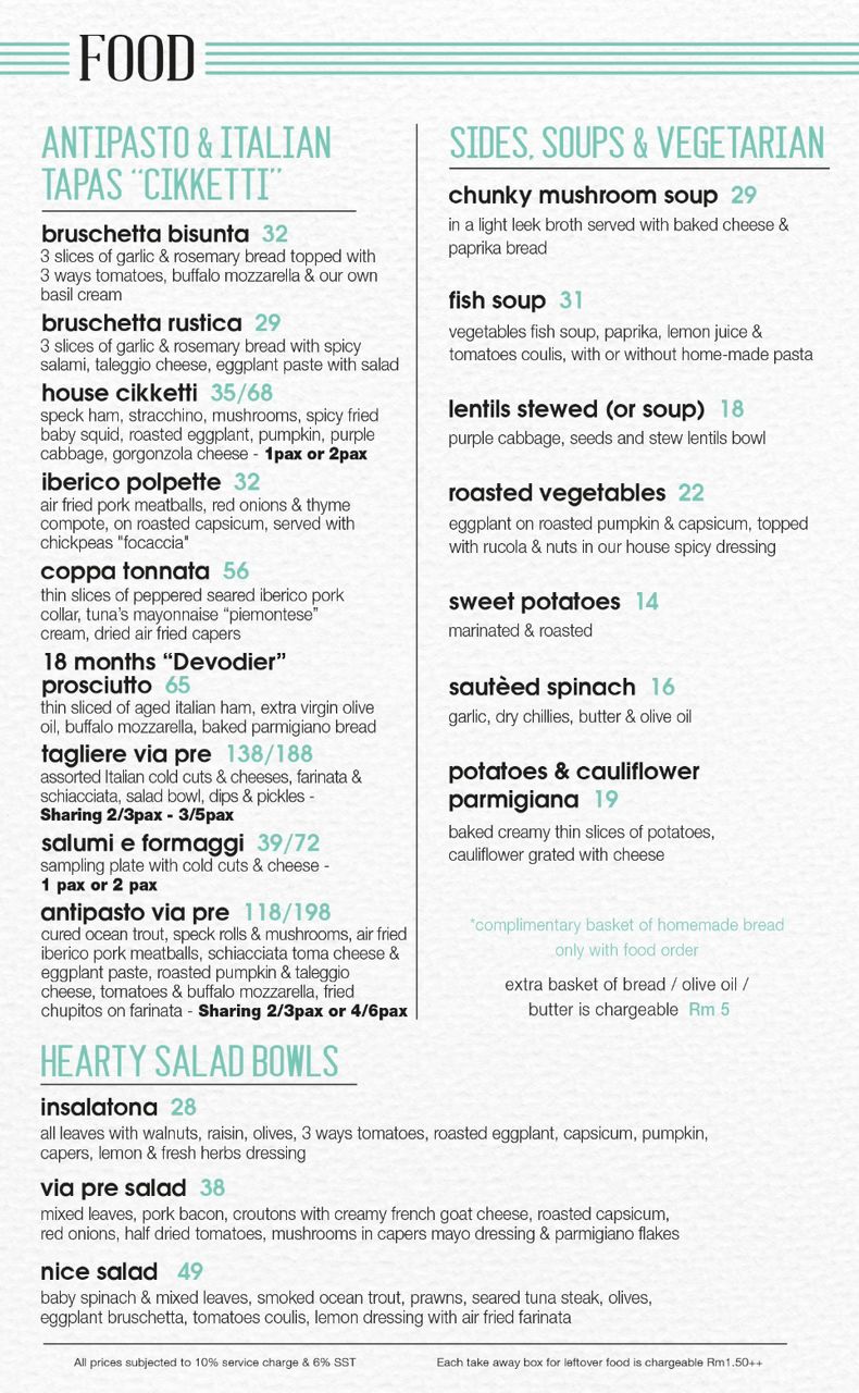 Via Pre Penang Italian Restaurant — Menu, George Town, Pulau Pinang