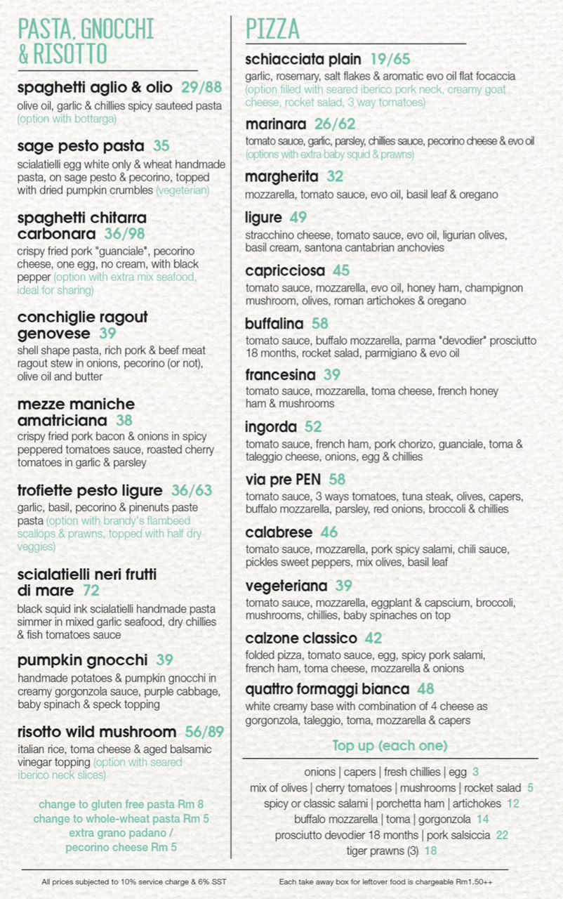 Via Pre Penang Italian Restaurant — Menu, George Town, Pulau Pinang
