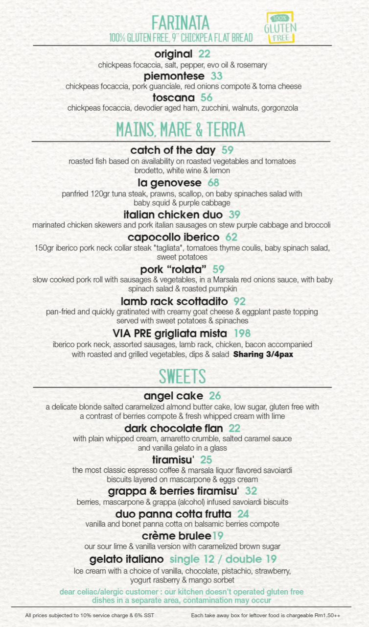 Via Pre Penang Italian Restaurant — Menu, George Town, Pulau Pinang