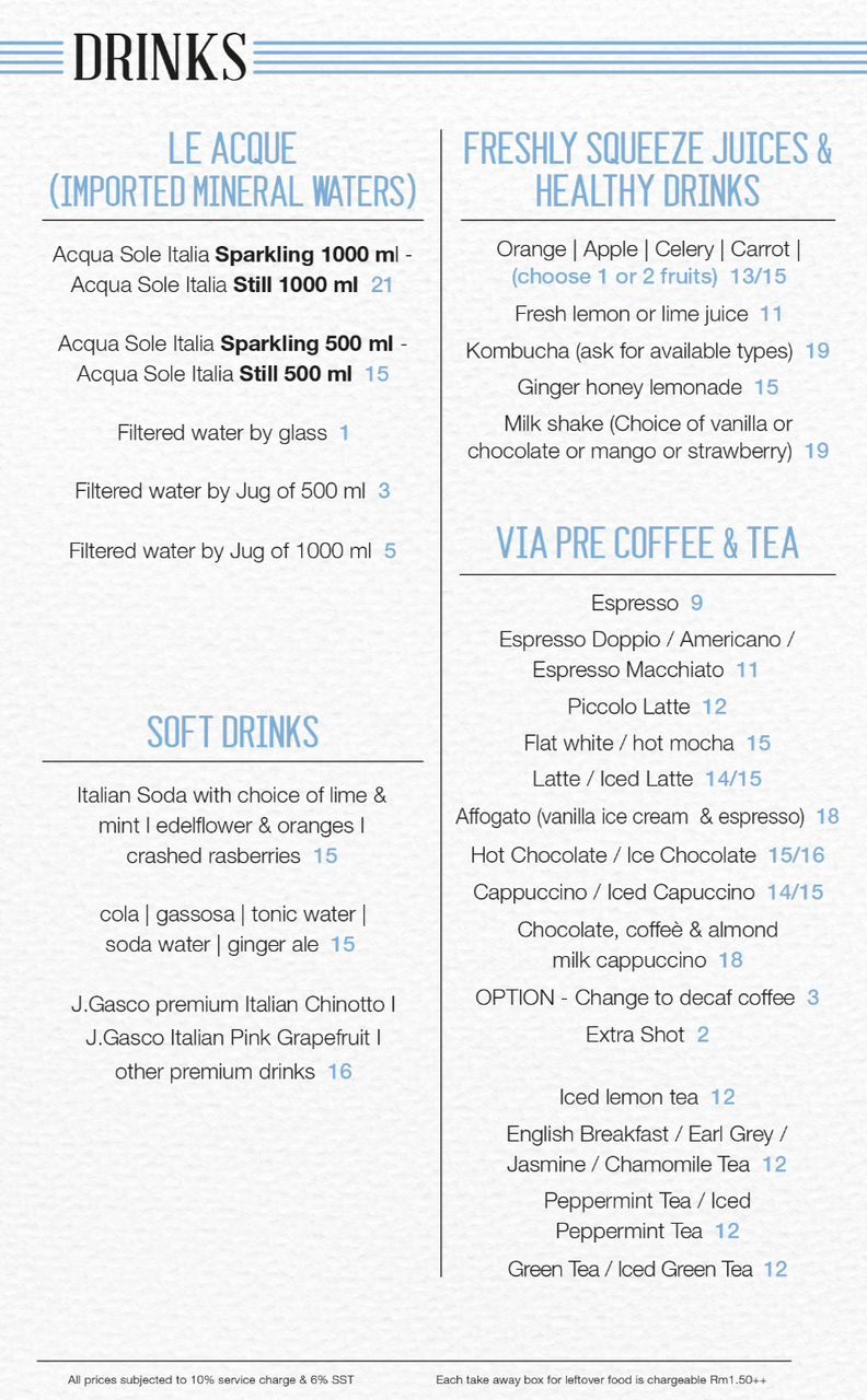 Via Pre Penang Italian Restaurant — Menu, George Town, Pulau Pinang