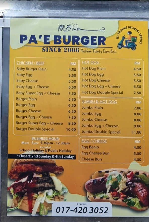 Pa'E Burger — Menu, George Town, Pulau Pinang