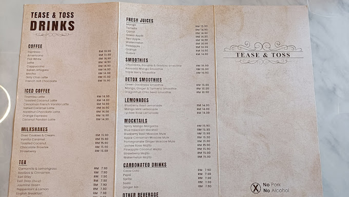 TEASE & TOSS — Menu, George Town, Pulau Pinang