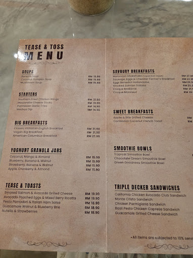 TEASE & TOSS — Menu, George Town, Pulau Pinang