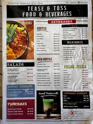 TEASE & TOSS — Menu, George Town, Pulau Pinang