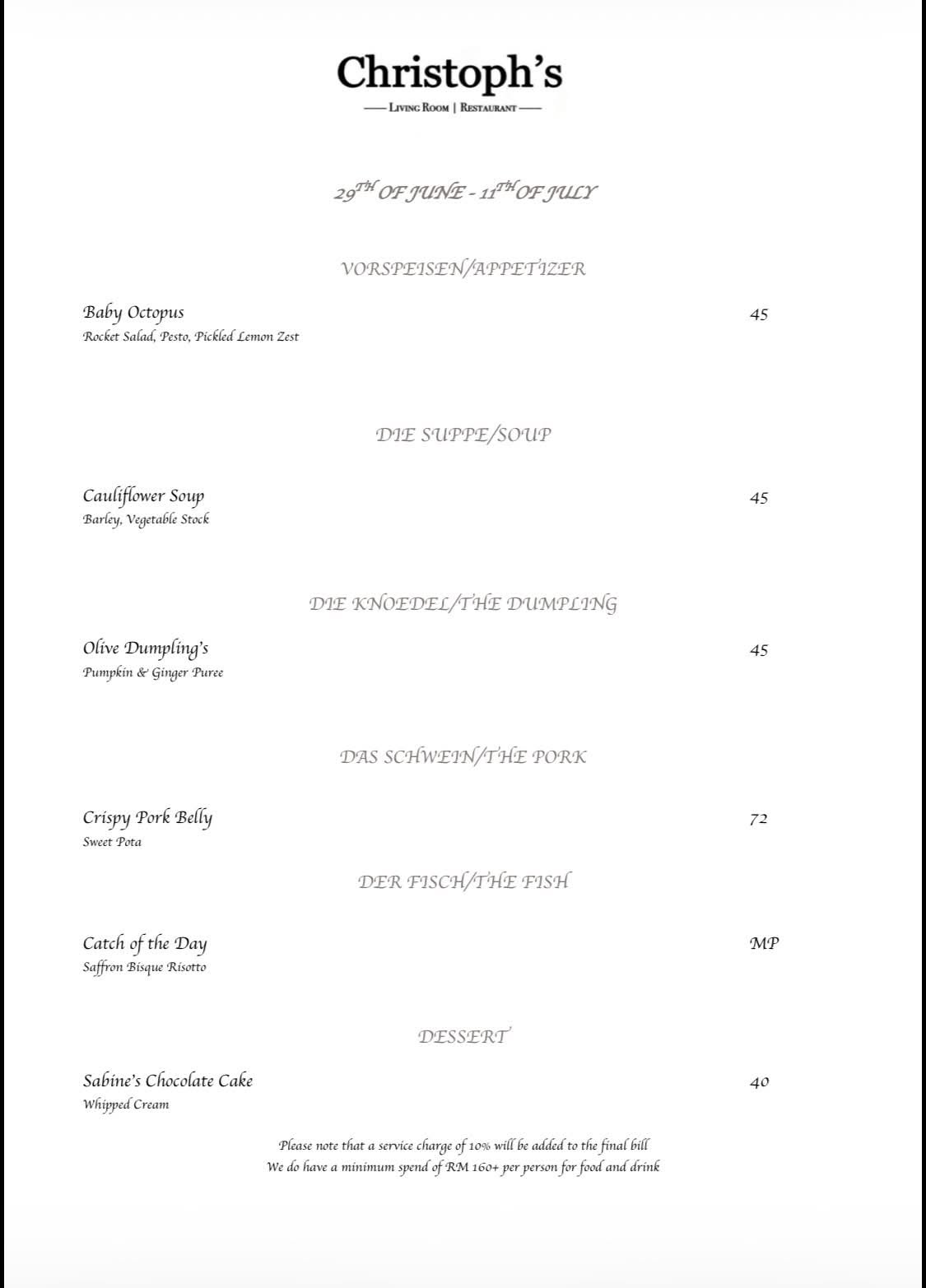 Christoph's — Menu, George Town, Pulau Pinang