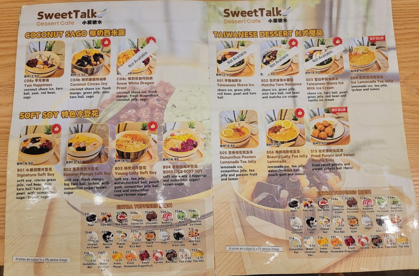 Sweet Talk Dessert — Menu, George Town, Pulau Pinang