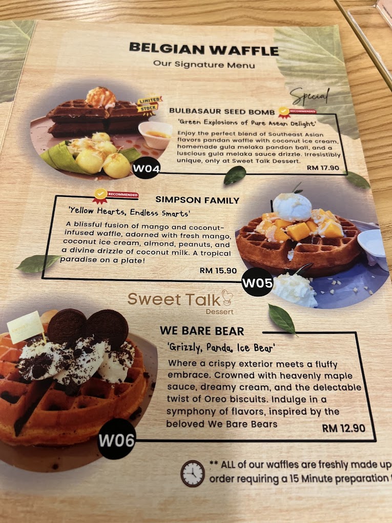 Sweet Talk Dessert — Menu, George Town, Pulau Pinang