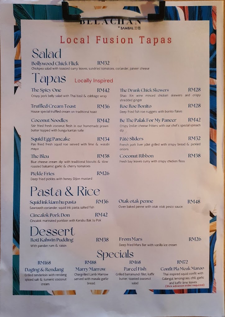 Belachan Tapas Lab 佰来佔 — Menu, George Town, Pulau Pinang