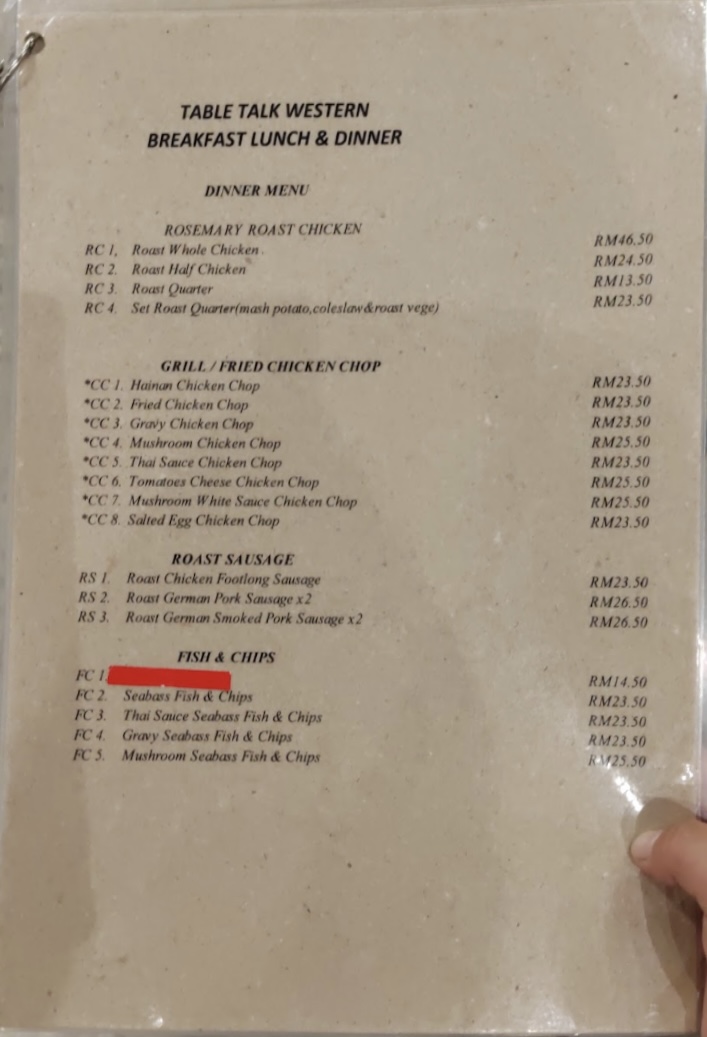 Table Talk Western Breakfast Lunch & Dinner — Menu, Butterworth, Pulau Pinang