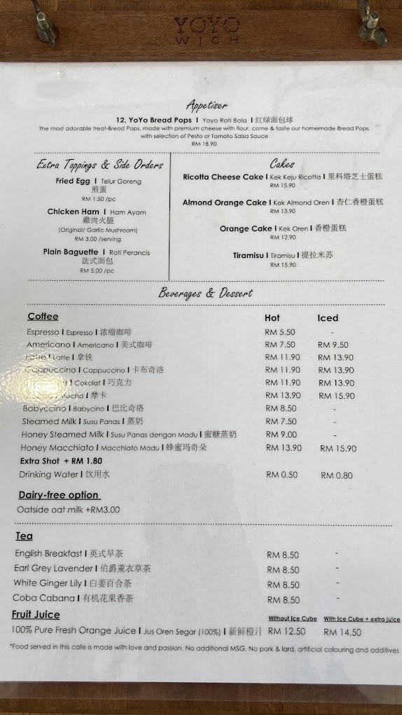 Yo Yo Wich — Menu, Bukit Mertajam, Pulau Pinang