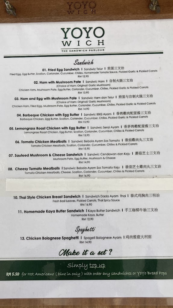 Yo Yo Wich — Menu, Bukit Mertajam, Pulau Pinang