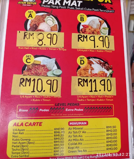 Ayam Gepuk Pak Mat — Menu, Butterworth, Pulau Pinang