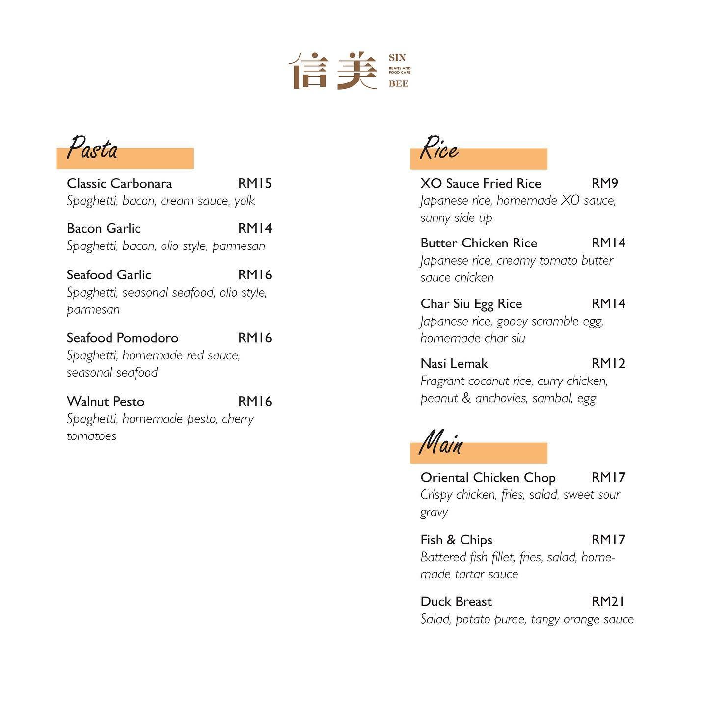 SinBee beans and food cafe (信美） — Menu, Butterworth, Pulau Pinang